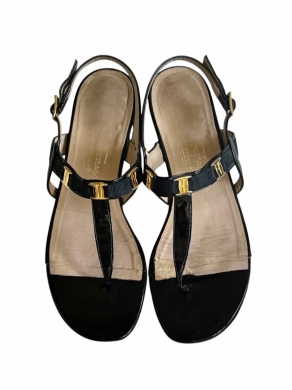 Salvatore Ferragamo Black Patent Leather Gancini T-Strap Slingback Sandals 6.5